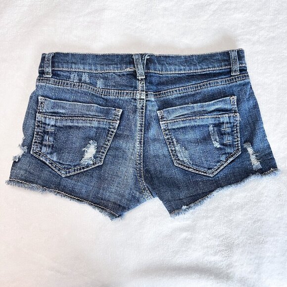 Mudd Denim Shorts | 2.5" Inseam | Dark Wash | Size 7 | Distressed | Lace | Y2K - Picture 2 of 10